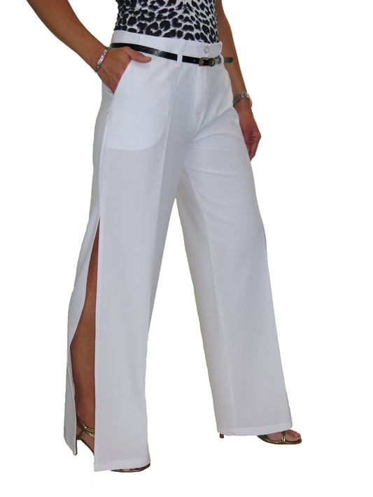 Ladies Side Split Wide Leg Trousers White