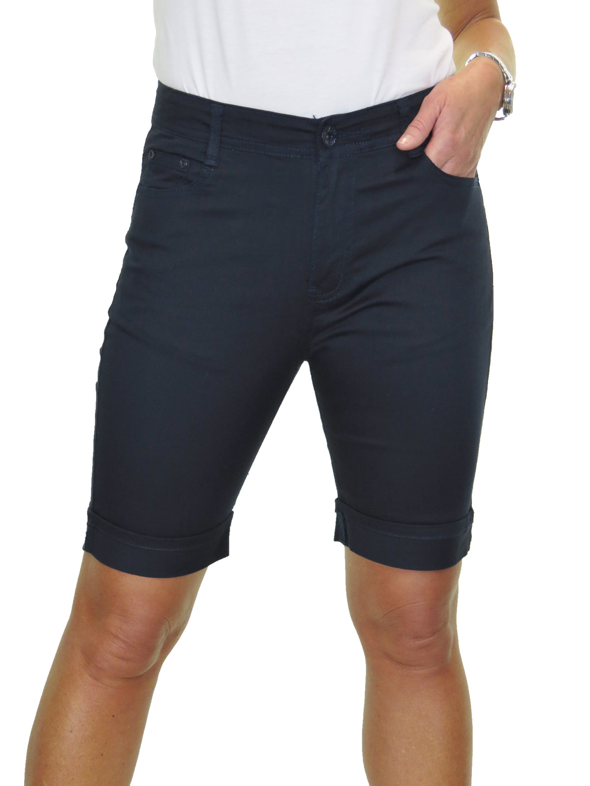 Stretch Chino Sheen Turn Up Cuff  Jeans Style Shorts Navy Blue