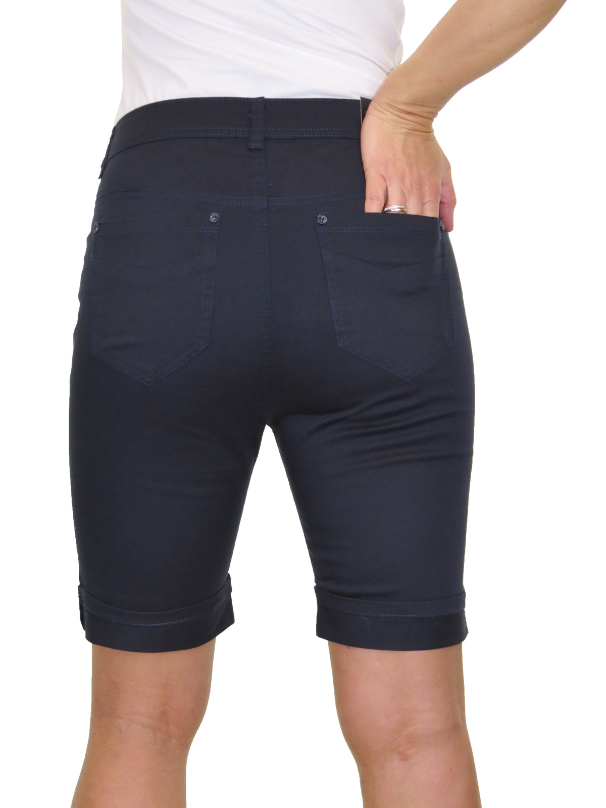 Stretch Chino Sheen Turn Up Cuff  Jeans Style Shorts Navy Blue