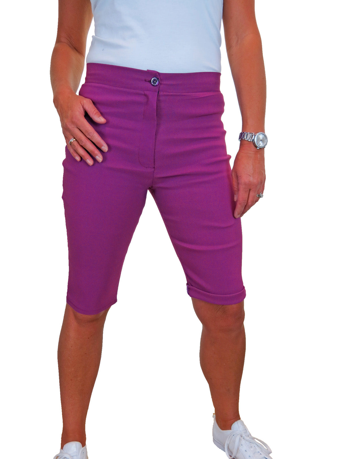 Womens High Waist Skinny Stretch Pedal Pusher Style Summer Shorts Purple