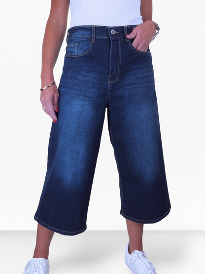 Women's High Waist Wide Leg Denim Culotte Jeans Dark Faded Blue