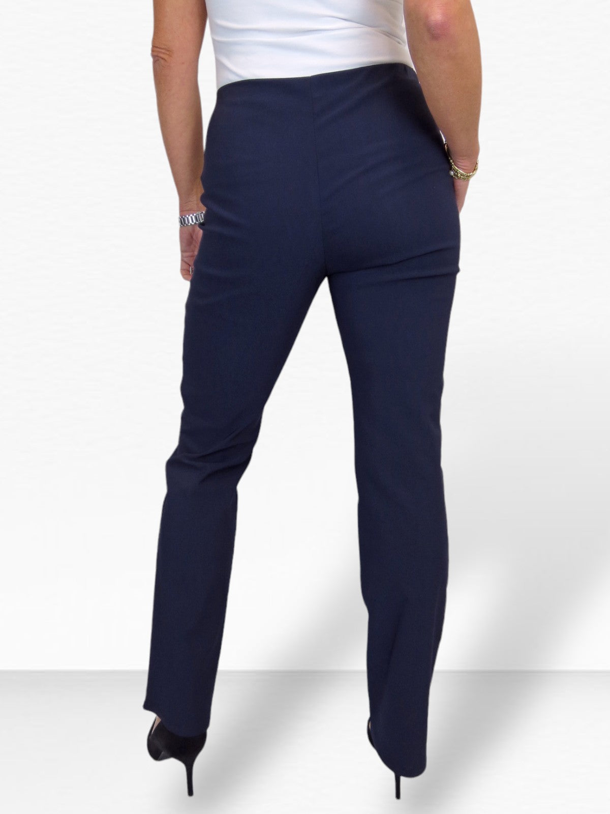 Elasticated Waist Straight Leg Trousers Navy Blue