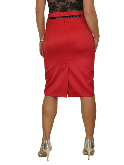 Stretch Matte Satin Skirt With Diamante Belt Red