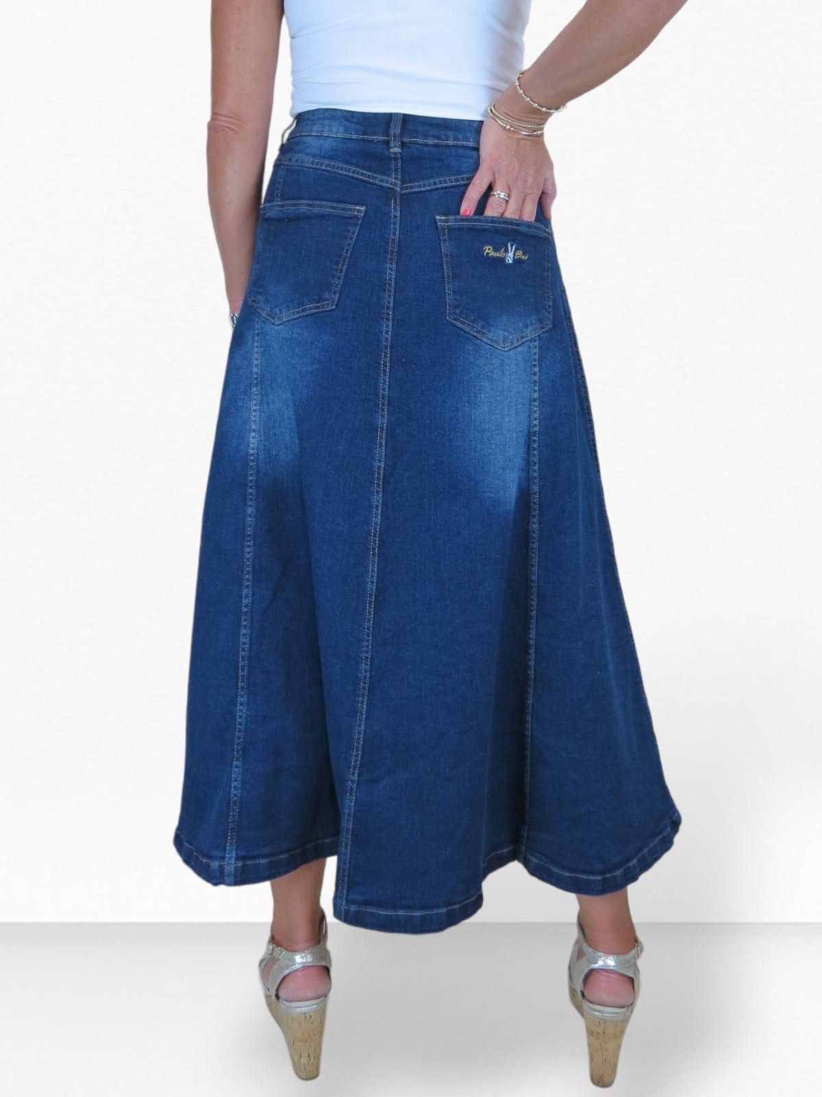 Stretch Denim Flared Maxi Skirt Dark Fade Blue