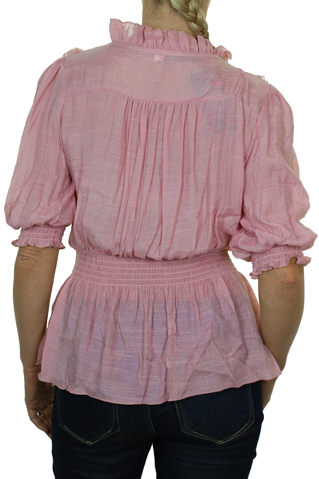 Romantic Style Tunic Shirt Top with Lace Pink