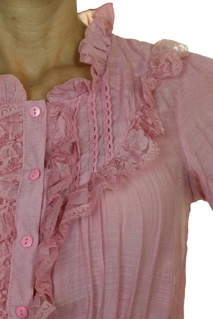 Romantic Style Tunic Shirt Top with Lace Pink