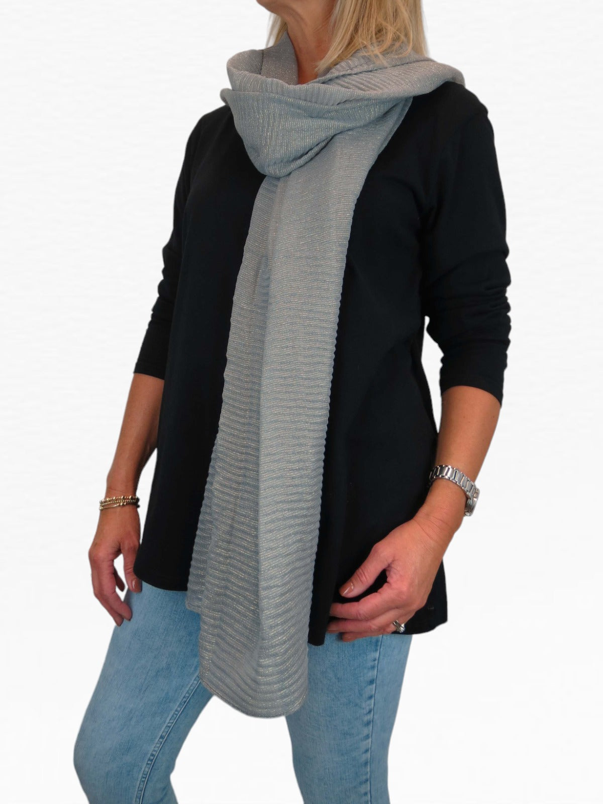 Golden Shimmer Evening Shawl With Pleated Crinkle Scarf Grey